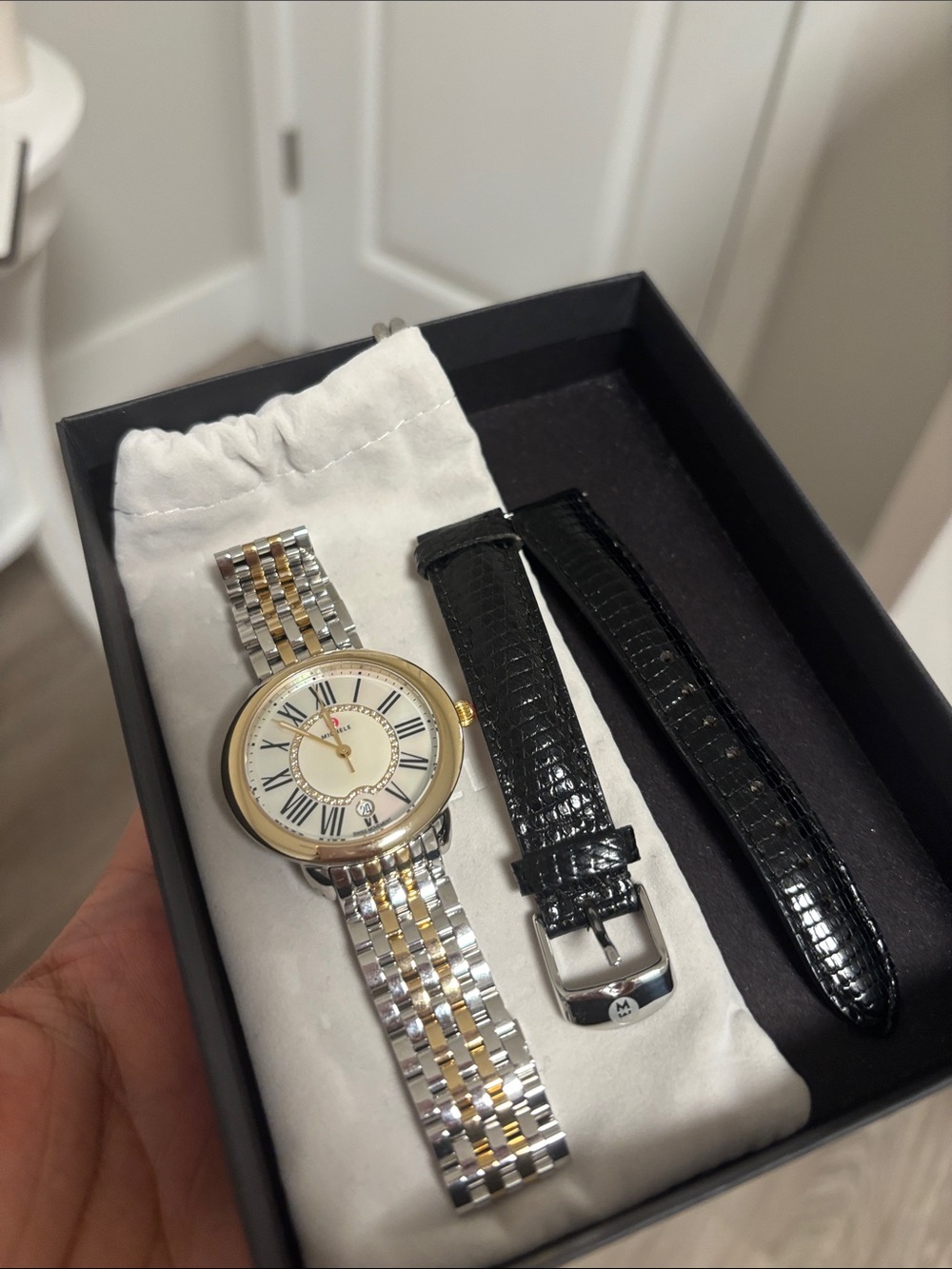 Michele Two-Tone Silver and Gold Bracelet Watch with Mother-of-Pearl Dial - Picture 7 of 9